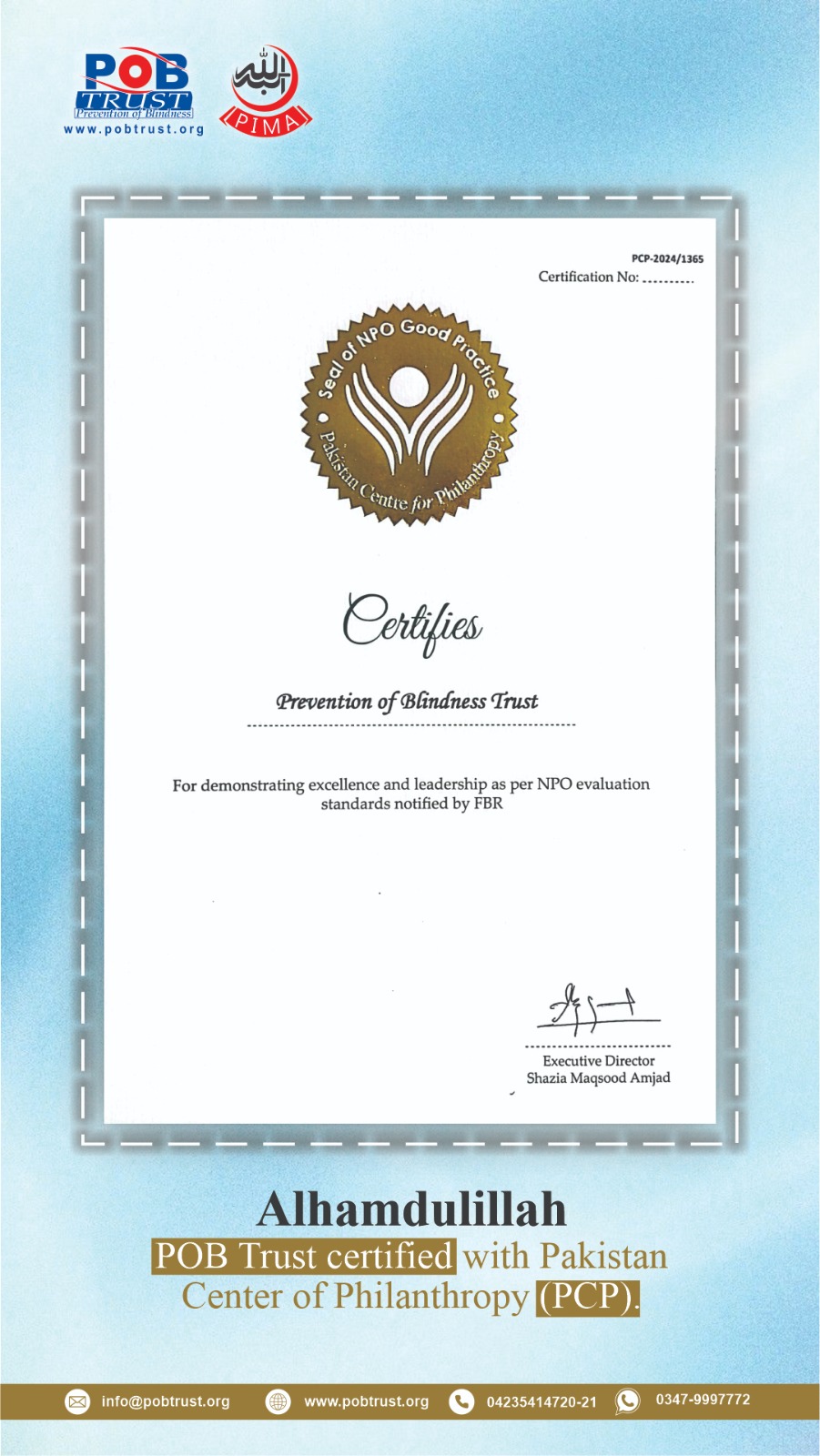 PCP Certificate awarded to POB Trust